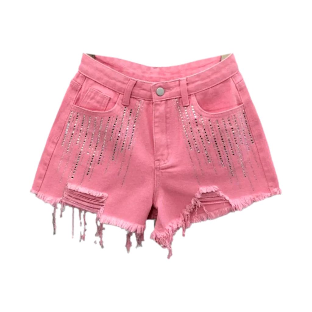 Distressed vertical rhinestone denim shorts