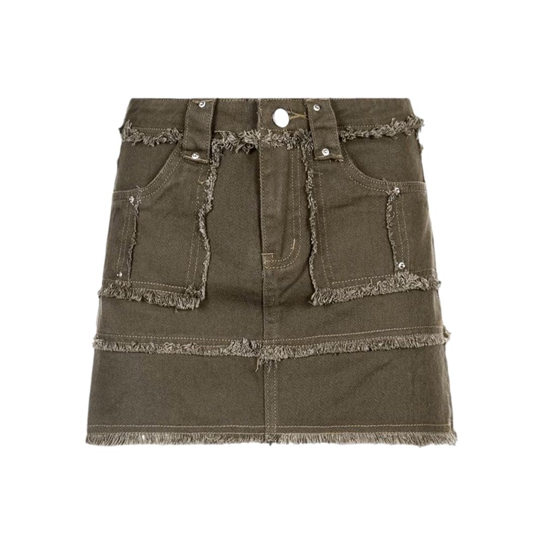 Patchwork khaki mini denim skirt