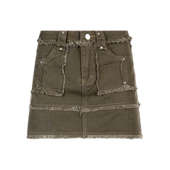 Patchwork khaki mini denim skirt