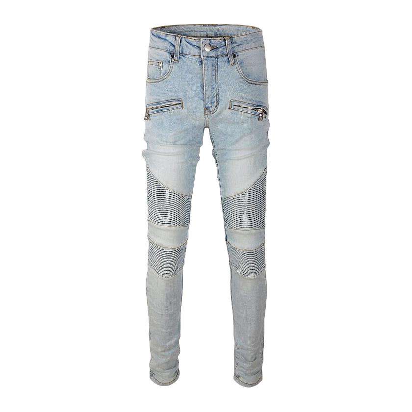 Bleached wash men biker jeans