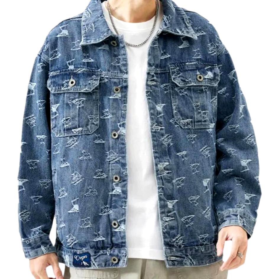 Ornament print men jean jacket