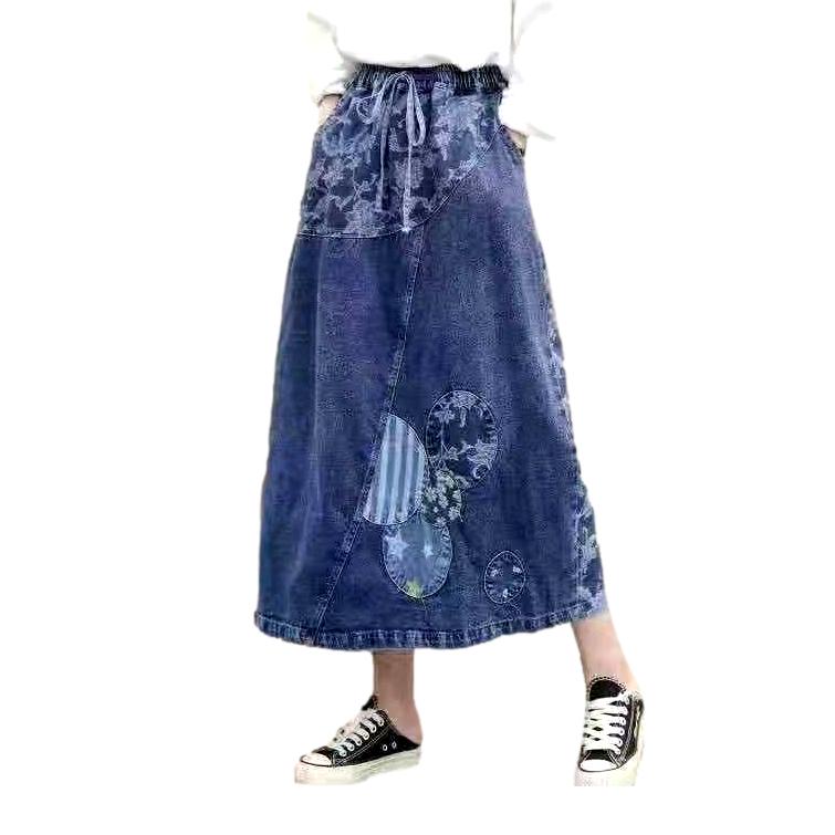 Painted patchwork maxi jean skirt