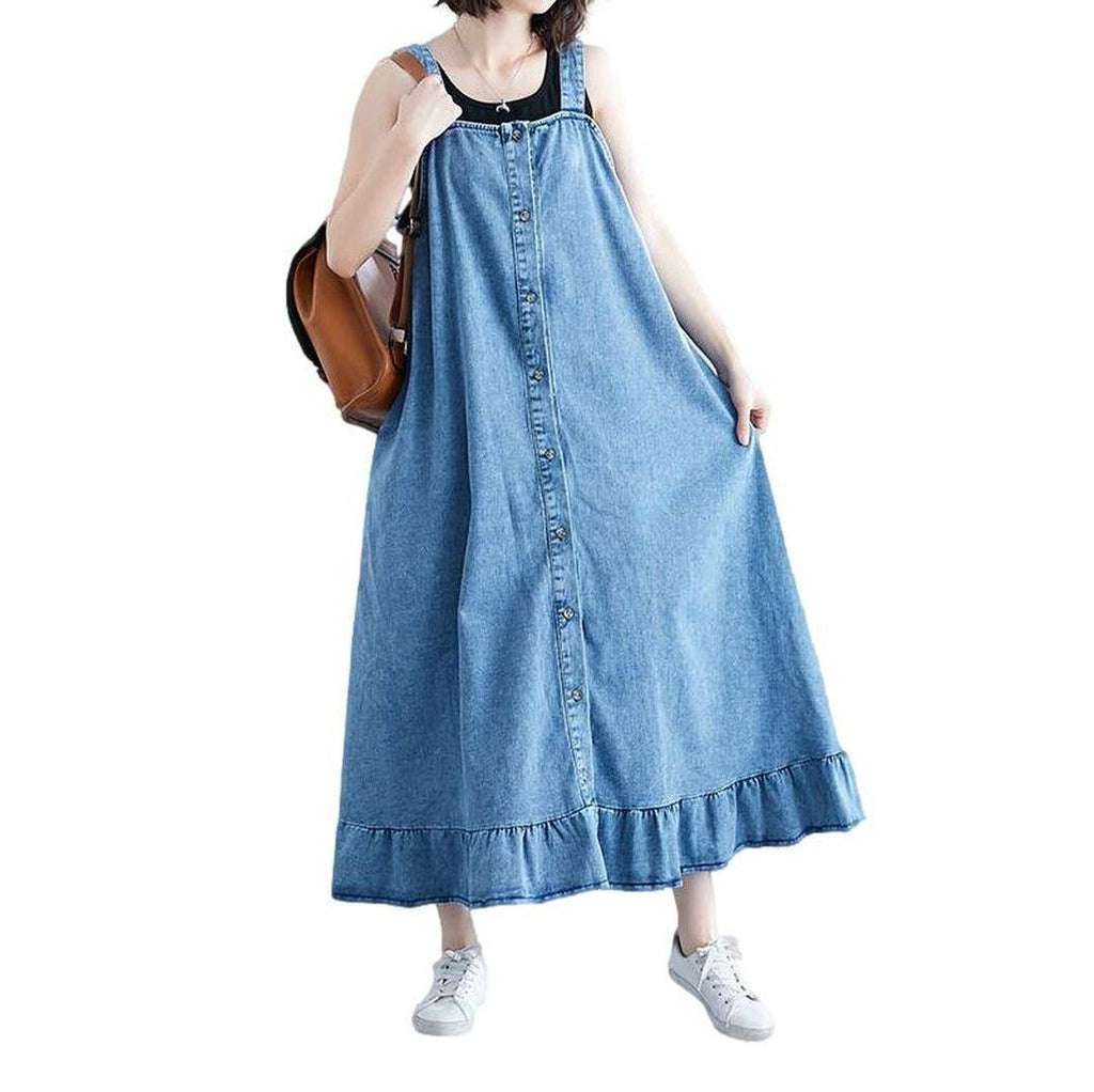 Long denim dress with ruffles