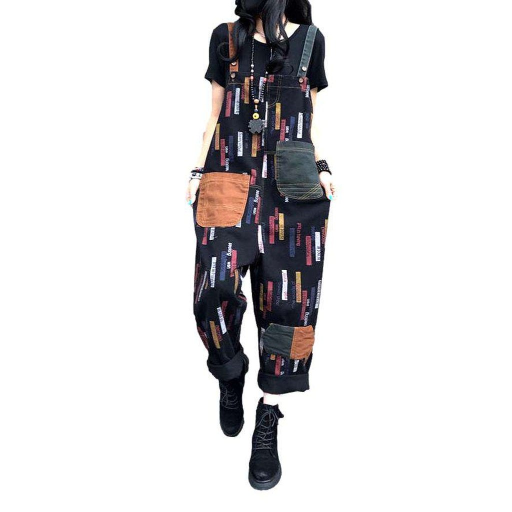 Color stripe print denim dungaree