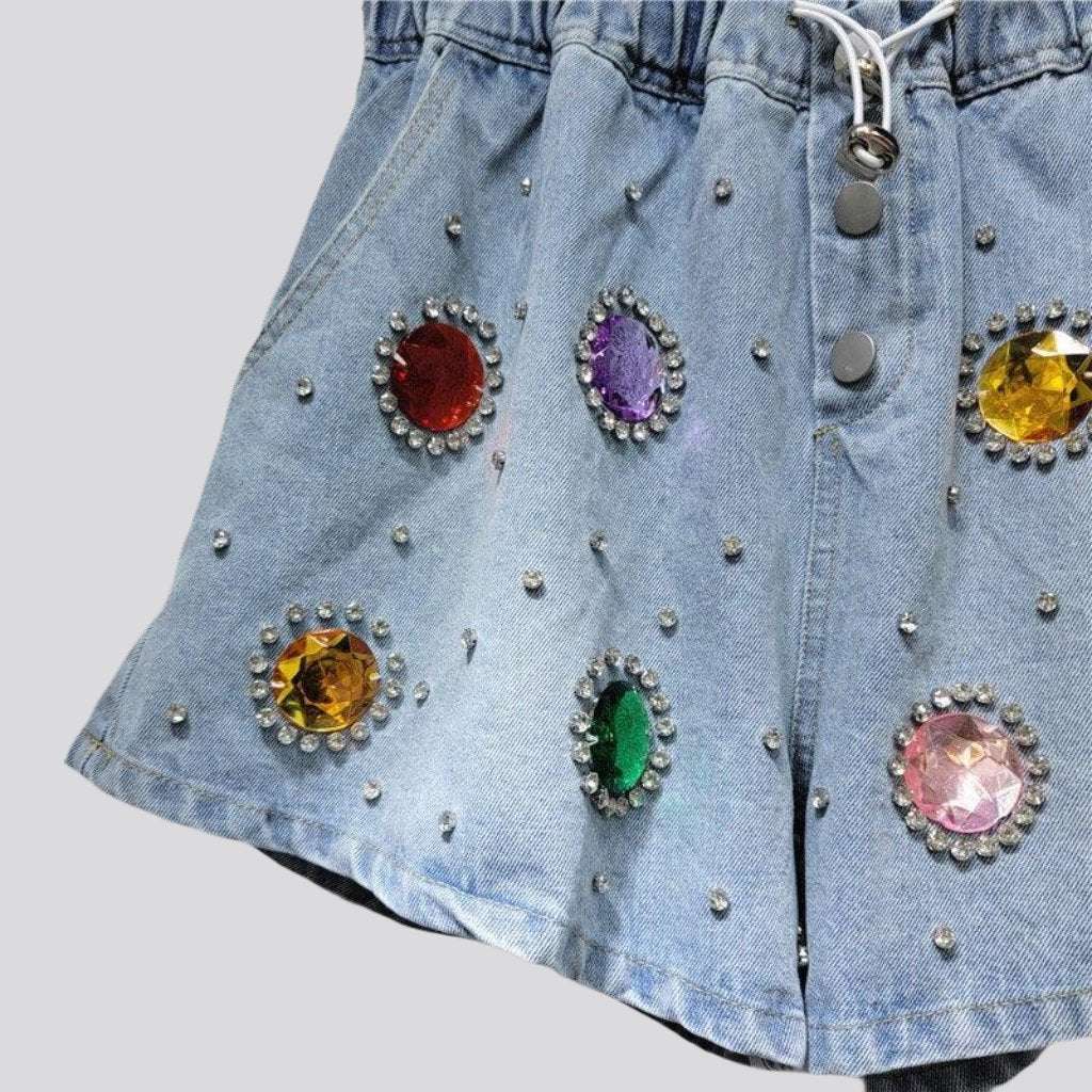 Loose embellished rhinestone denim shorts