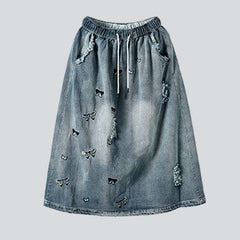 Butterfly embroidery long jeans skirt