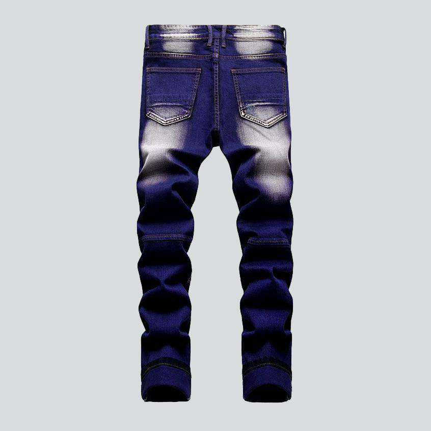 Bleach wash color biker jeans