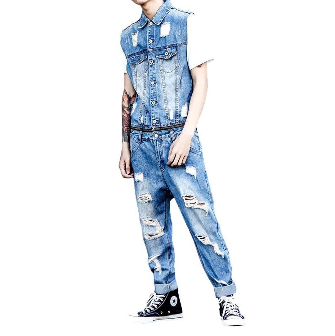 Distressed sleeveless men denim overall