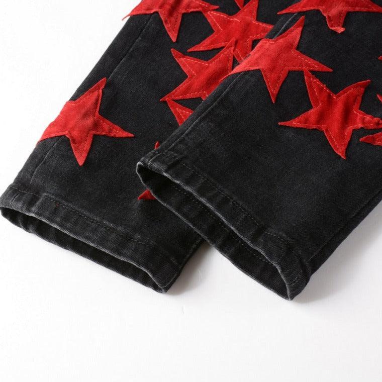 Red stars embroidery men jeans