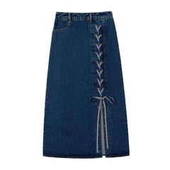 Drawstring slit long denim skirt