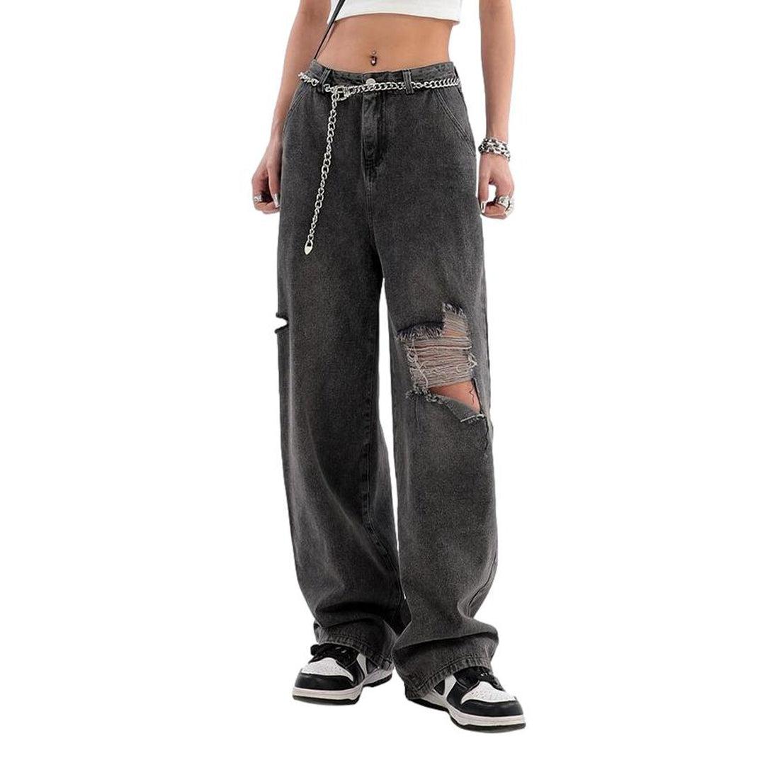 Distressed grey women baggy jeans