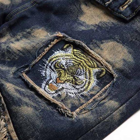 Tigerkopf-Stickerei Herren Jeans