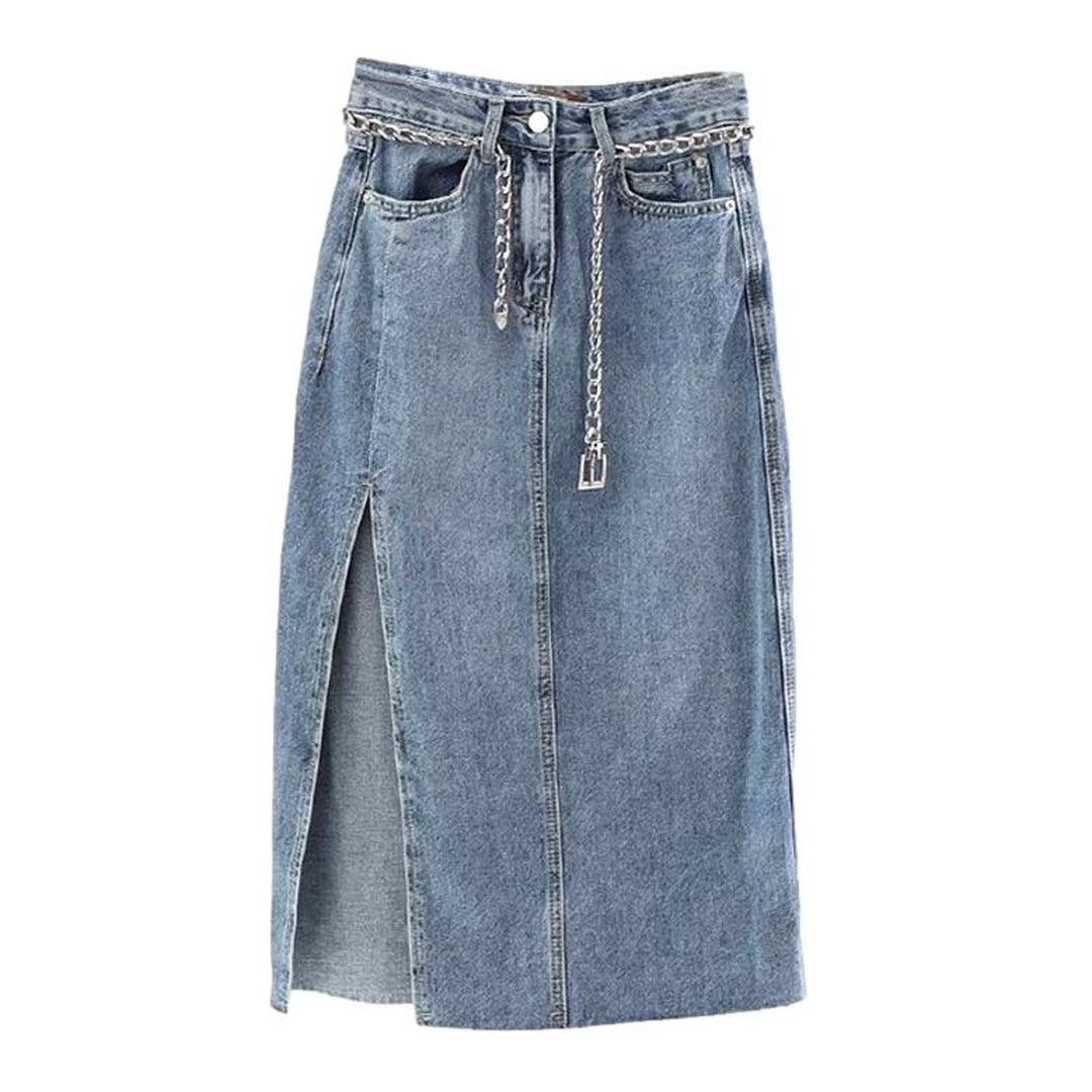 Side slit maxi denim skirt