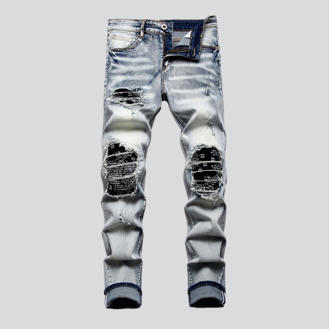 Patchwork knees biker men jeans