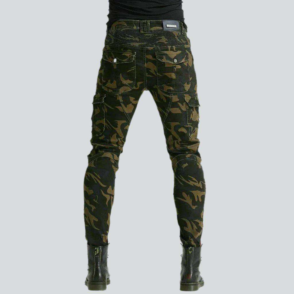 Camouflage print men moto jeans