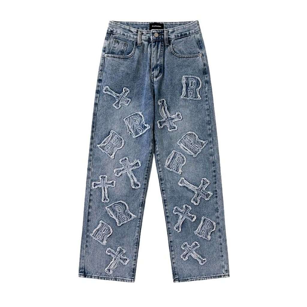 Letter embroidery baggy men jeans