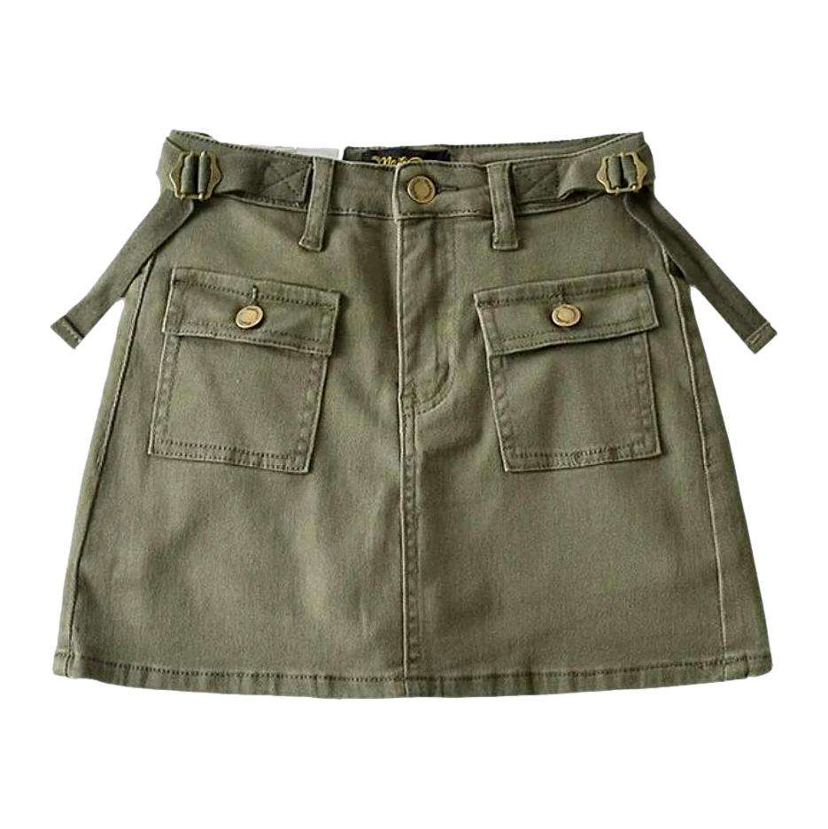 Adjustable waistband mini denim skort