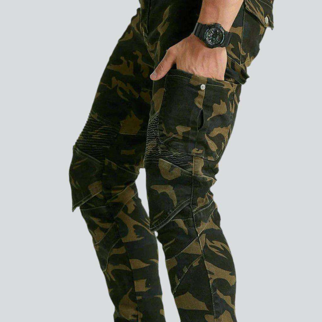 Camouflage print men moto jeans