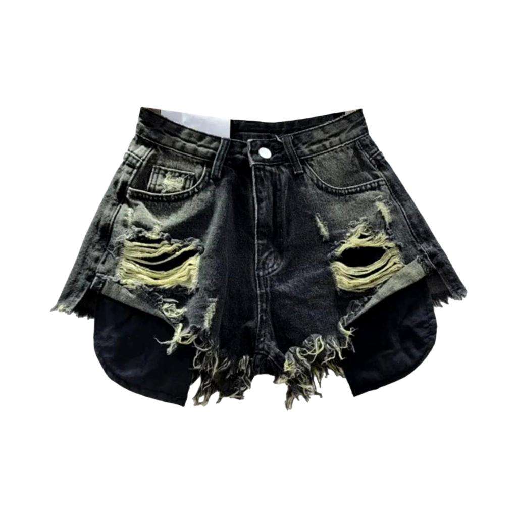 Exposed pockets distressed denim shorts