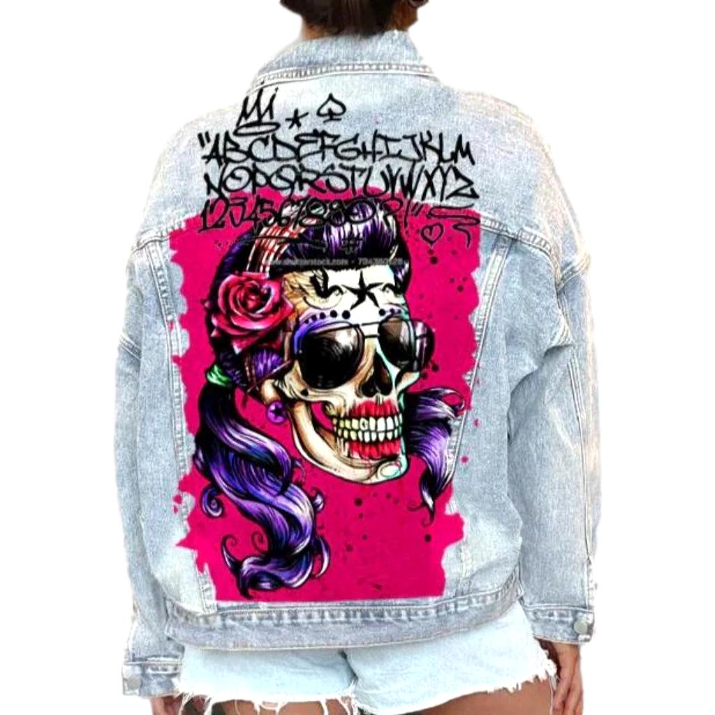 Jeansjacke mit bemaltem Totenkopf-Print für Damen