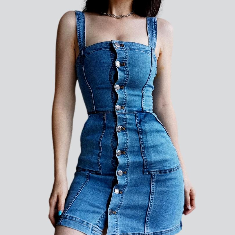 Sleeveless buttoned mini denim dress