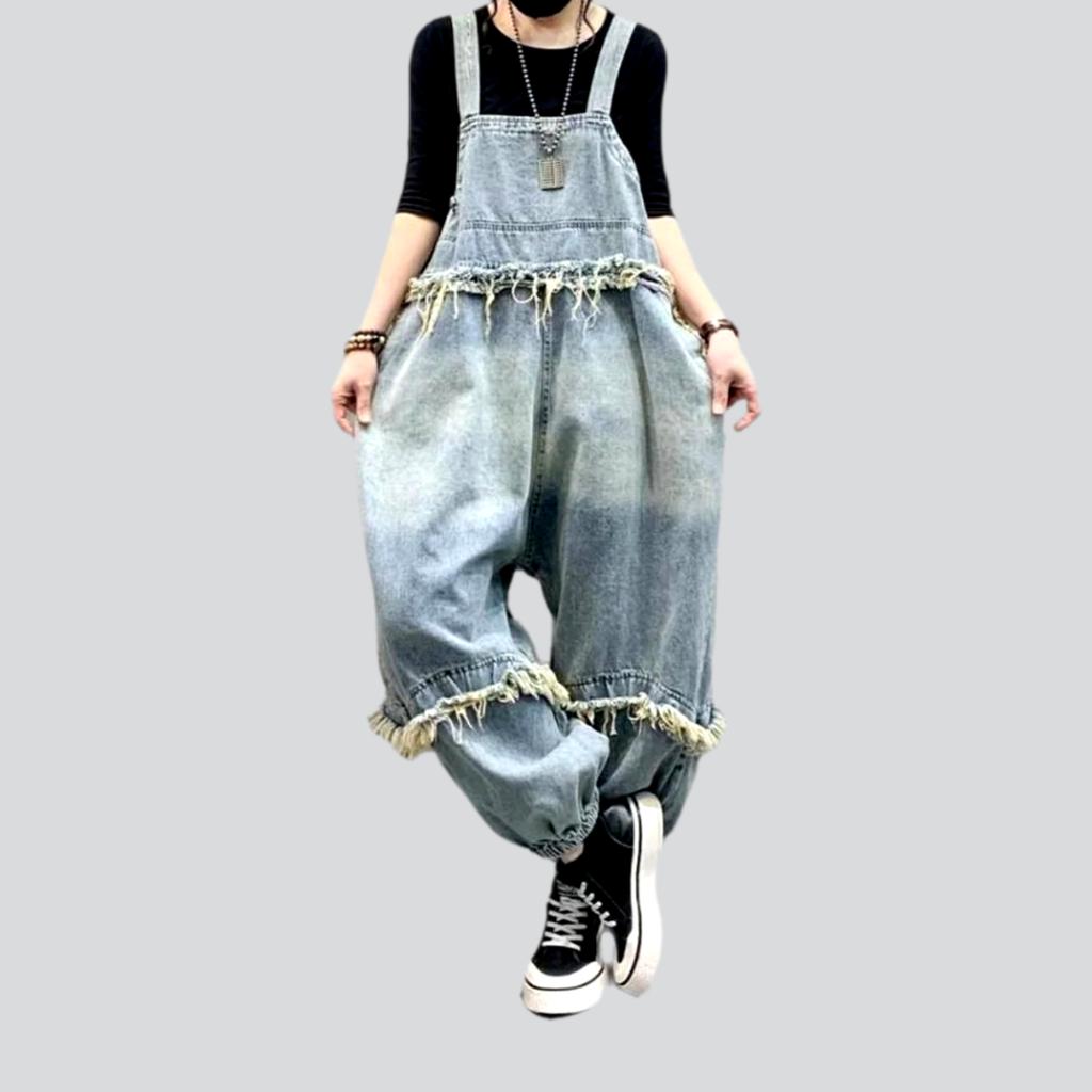 Distressed vintage patchwork denim jumpsuit