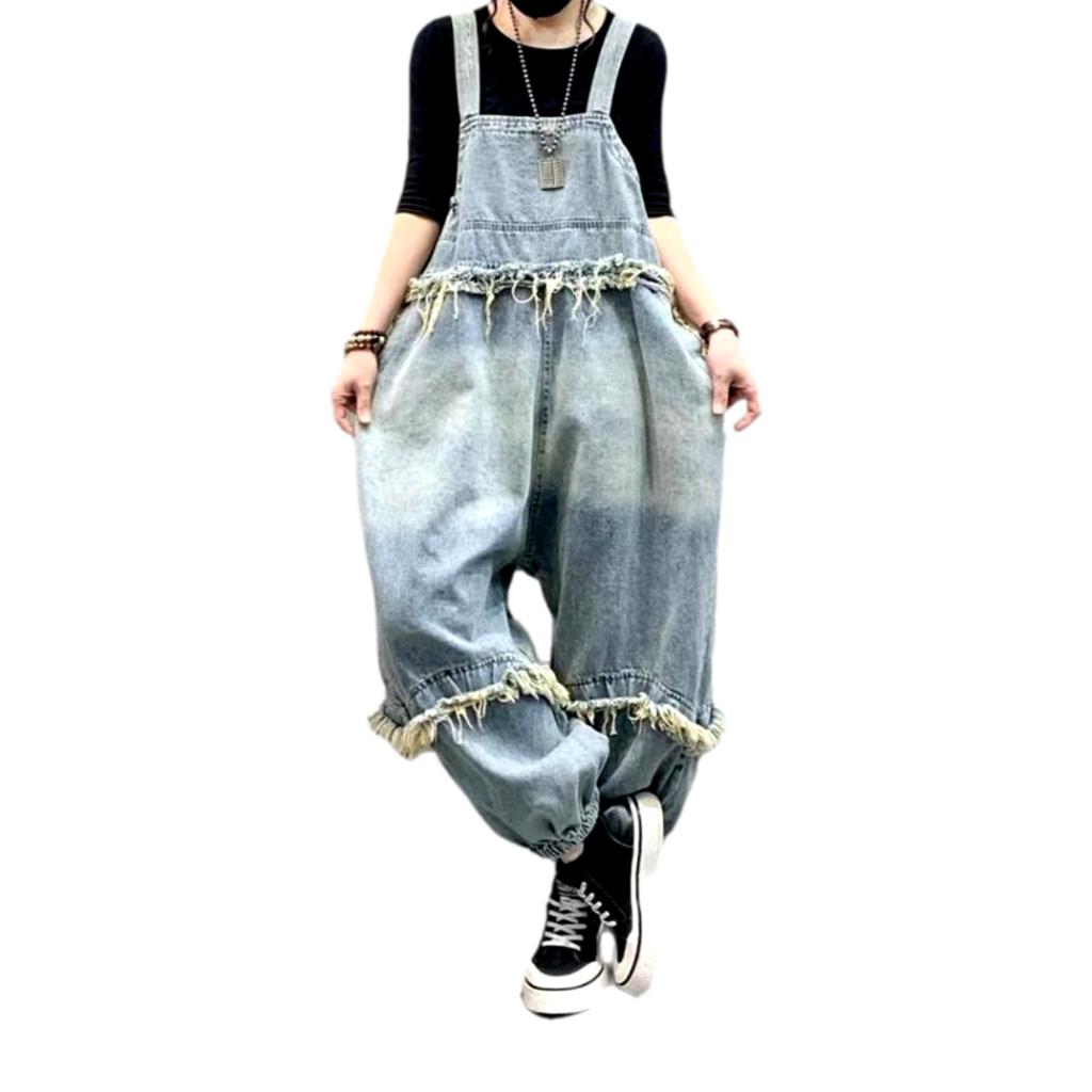 Distressed vintage patchwork denim jumpsuit