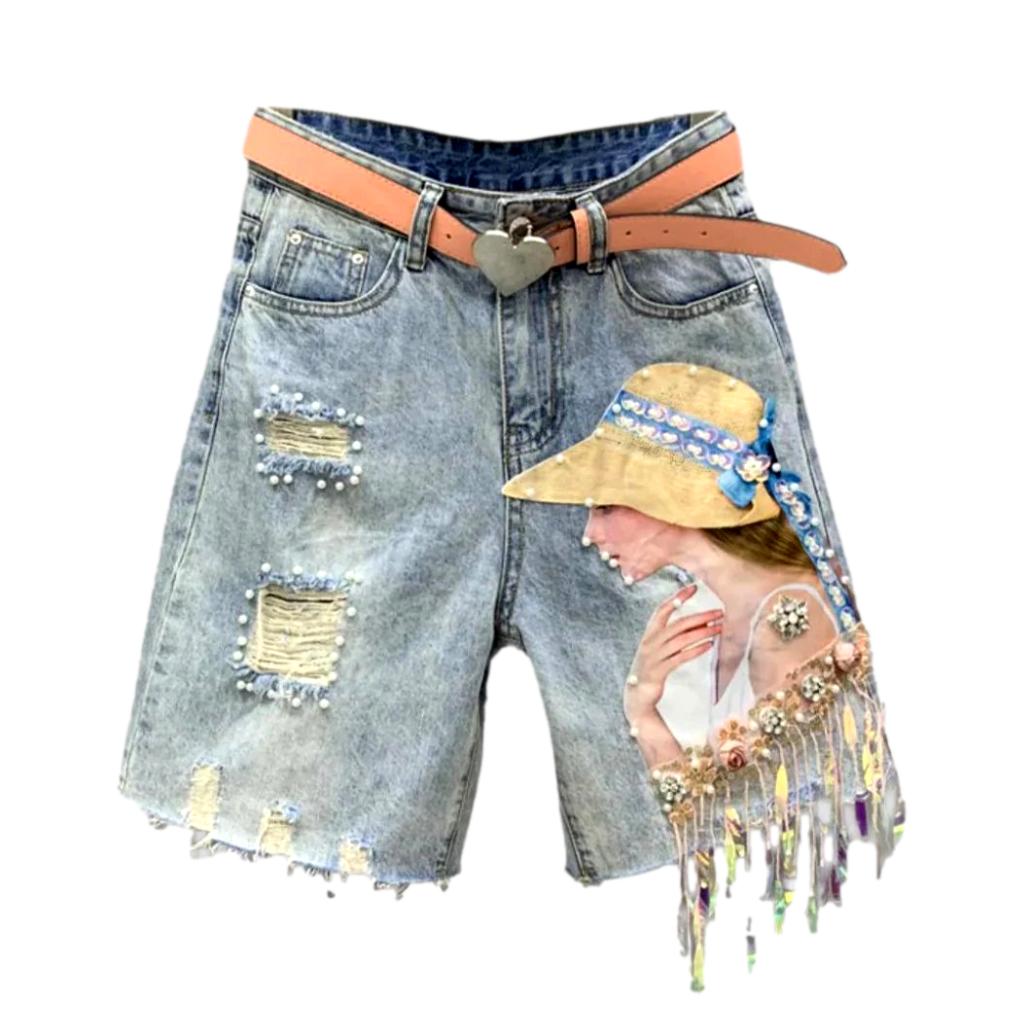 Straight embroidered women denim shorts