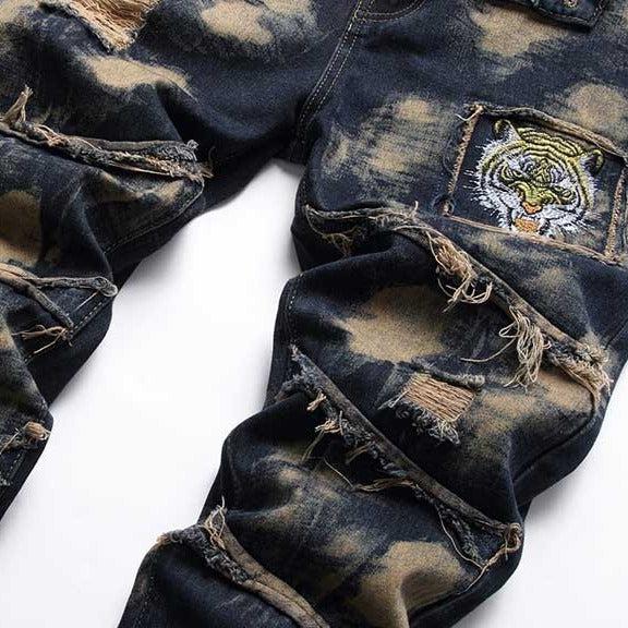 Tiger head embroidery men jeans