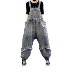 Distressed vintage patchwork denim jumpsuit