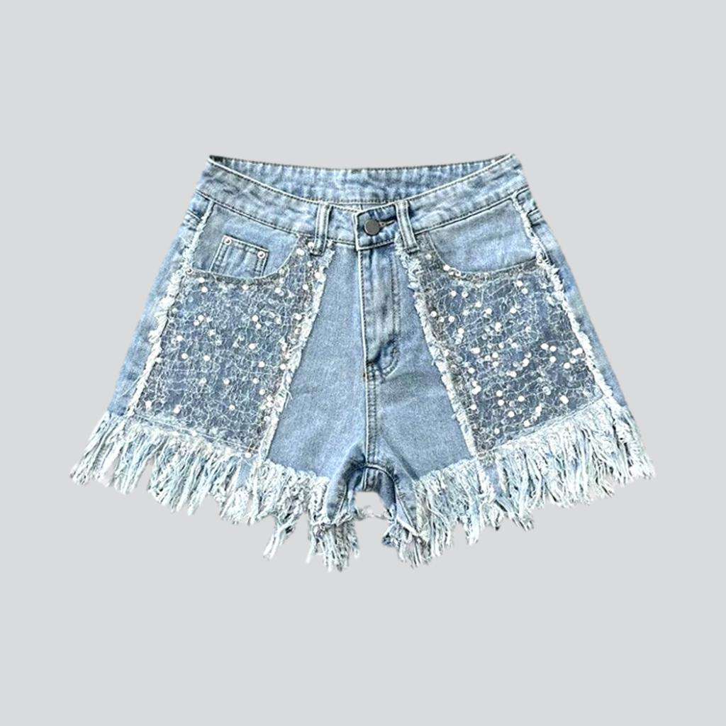 Fringe hem rhinestone denim shorts