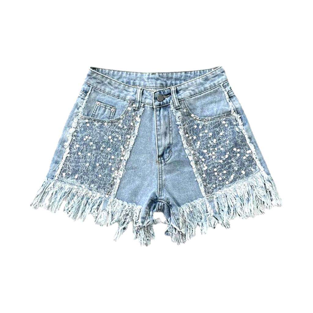 Jeansshorts mit Fransensaum und Strass