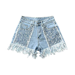 Fringe hem rhinestone denim shorts