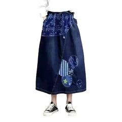 Painted patchwork maxi jean skirt