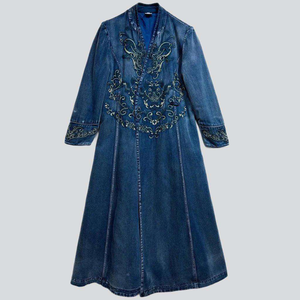 Chest embroidery long denim dress