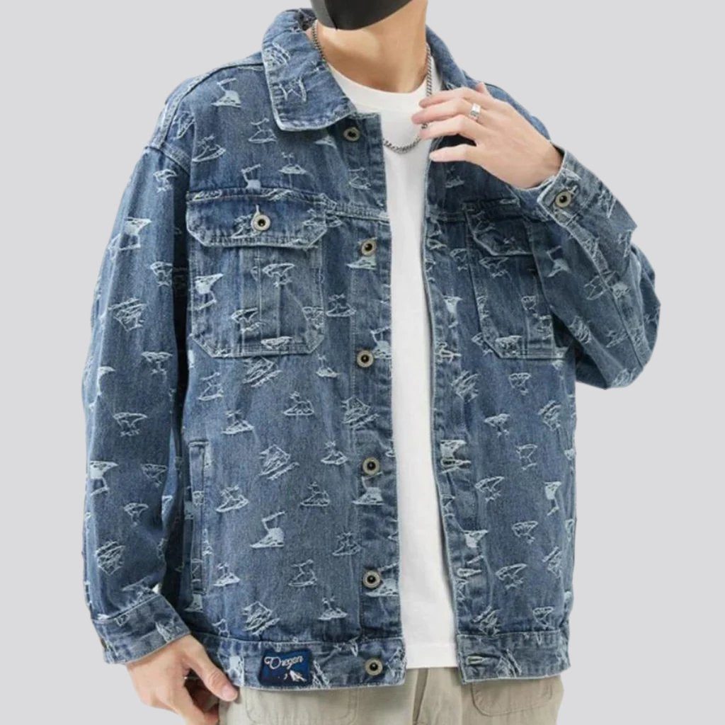 Ornament print men jean jacket