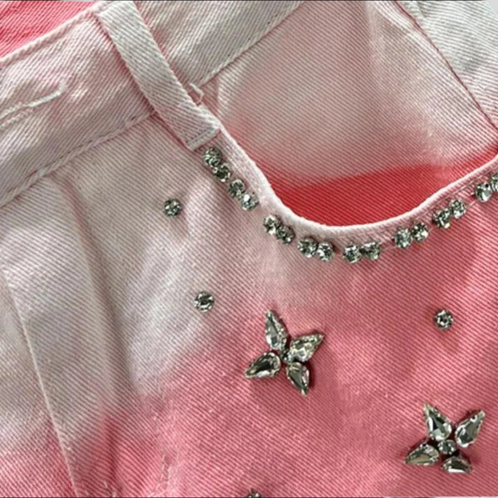 Pink contrast rhinestone denim shorts