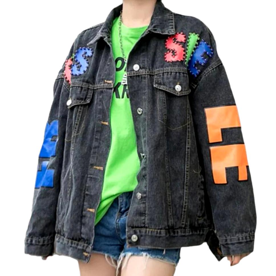 Cartoon embroidery denim jacket for ladies