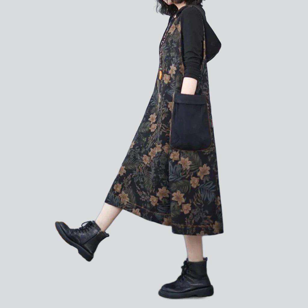 Flower print black denim dress