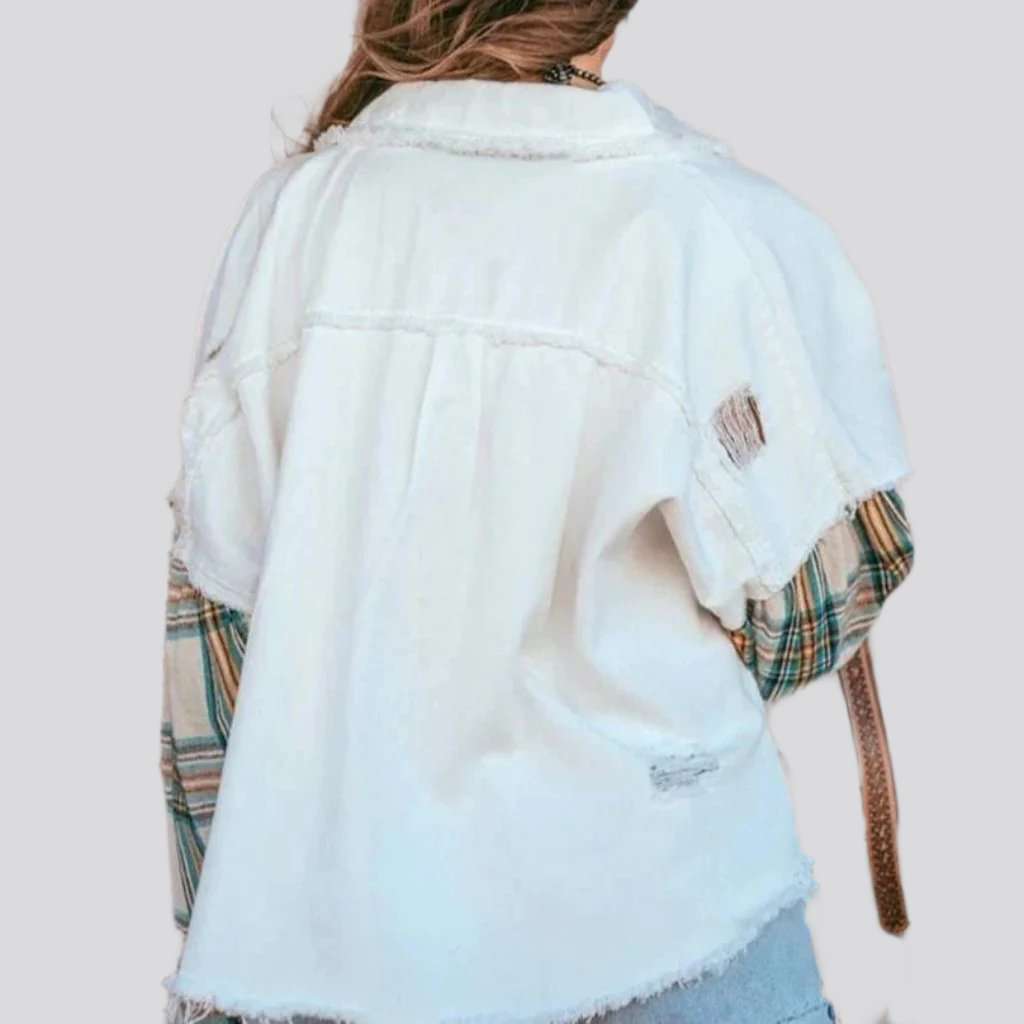 Chaqueta vaquera de cuadros de tejido mixto para mujer