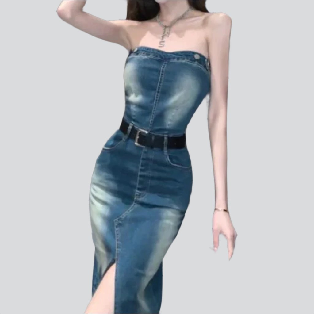 Slit sanded strapless denim dress