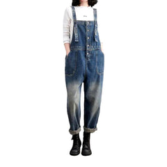 Sanded vintage women denim jumpsuit