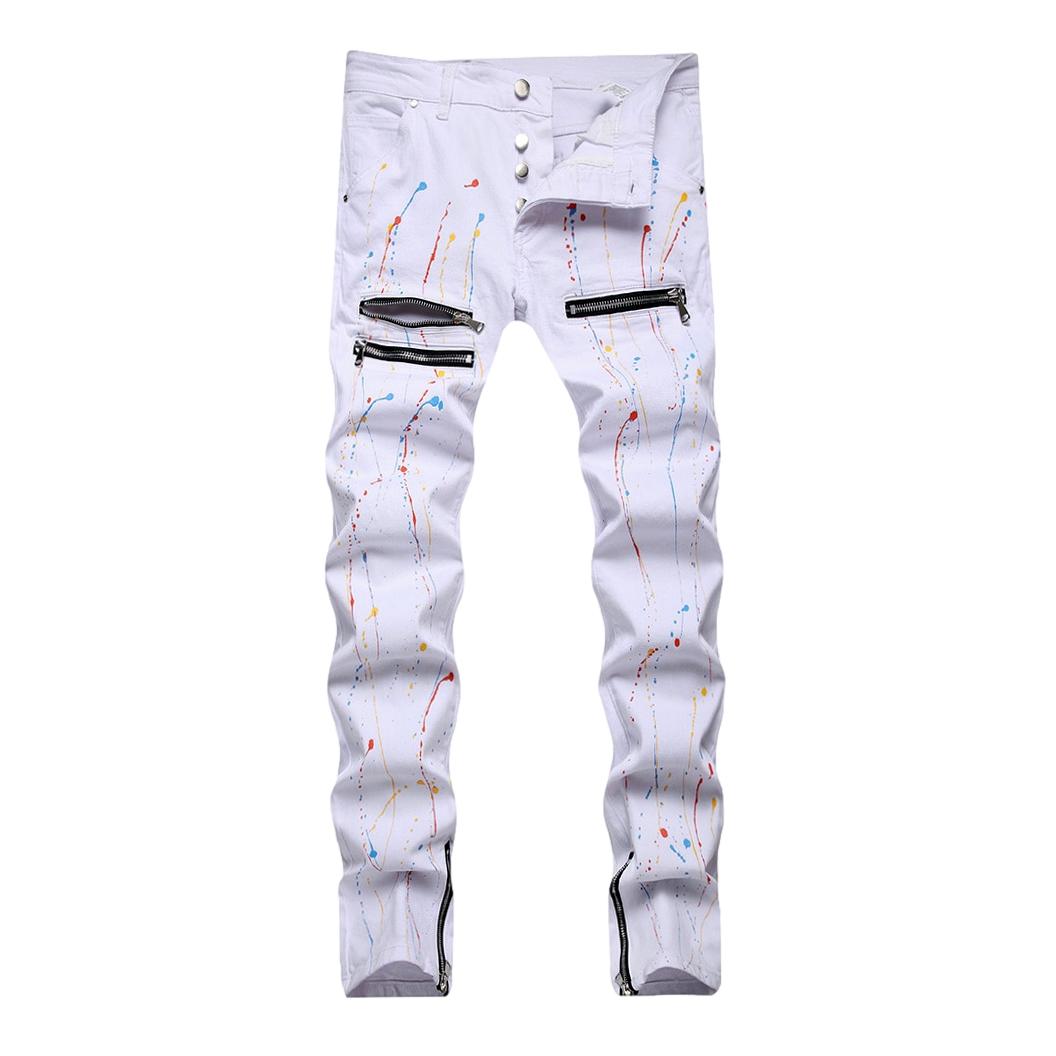 Painted white jeans with zippers