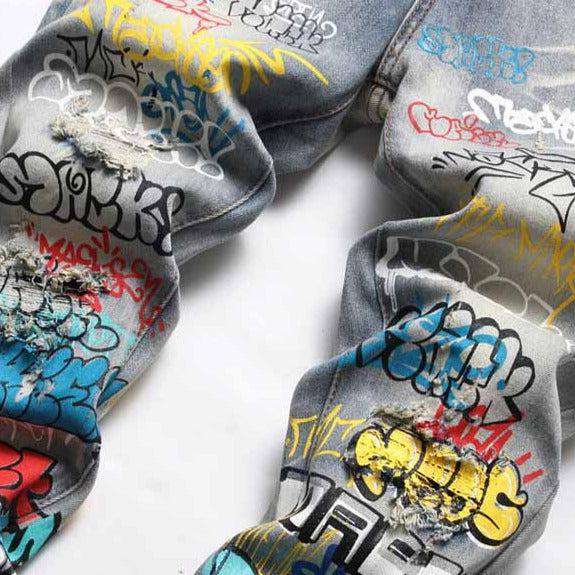 Graffiti print ripped men jeans