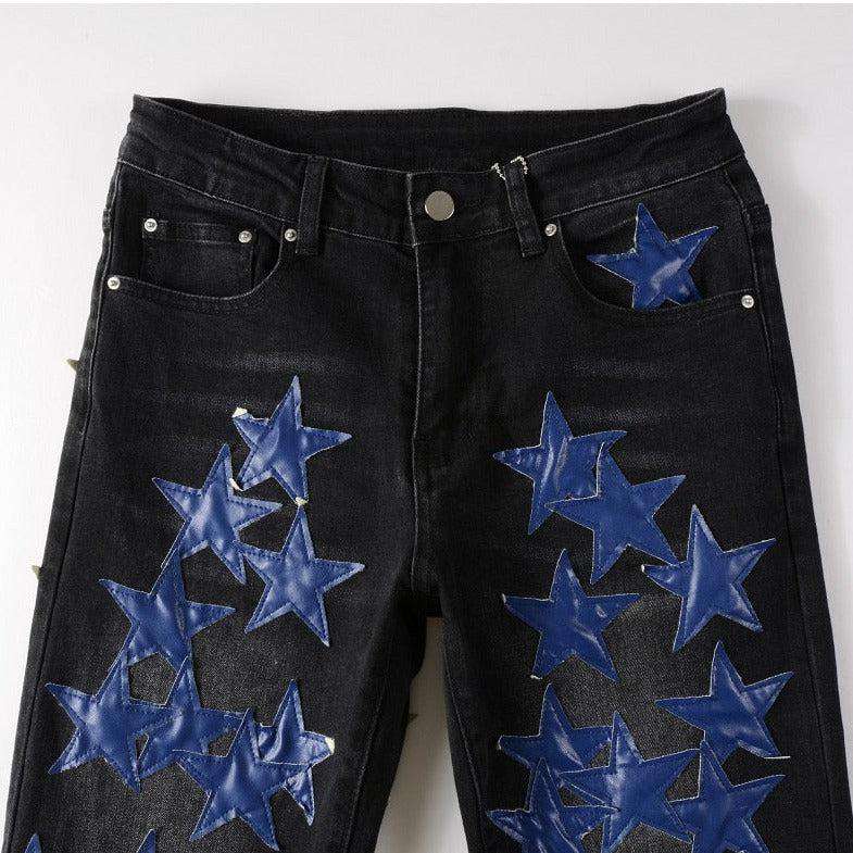 Schwarze Jeans mit blauer Sternstickerei