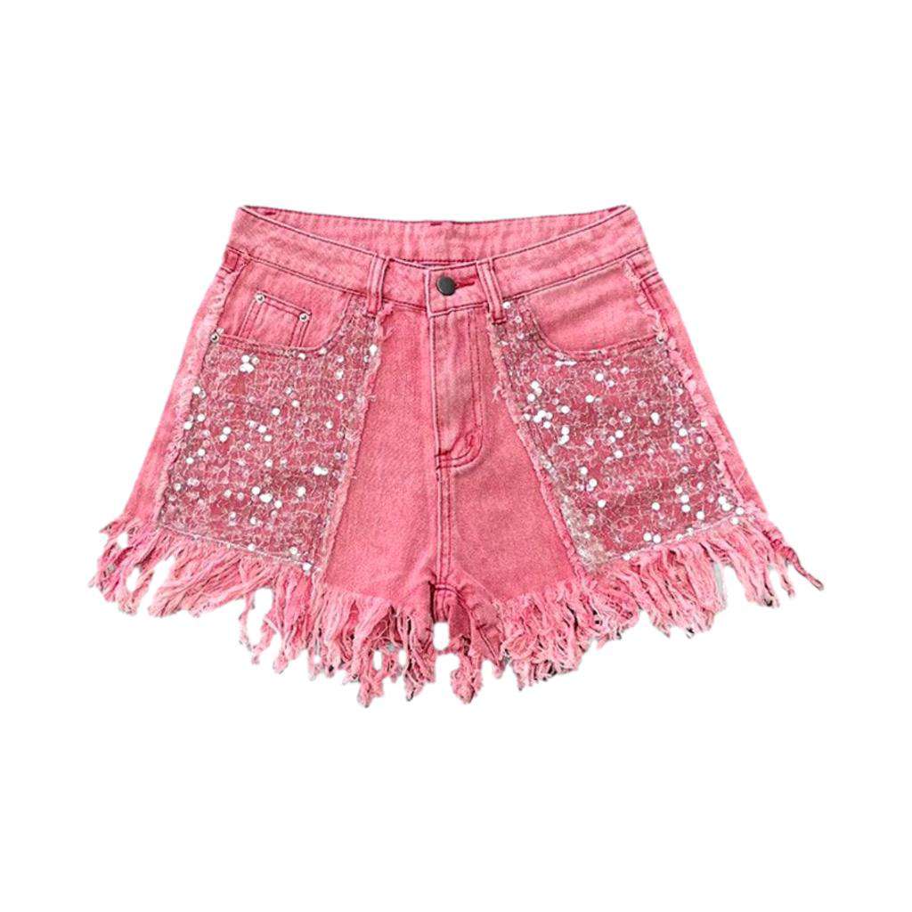 Fringe hem rhinestone denim shorts