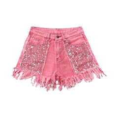 Fringe hem rhinestone denim shorts