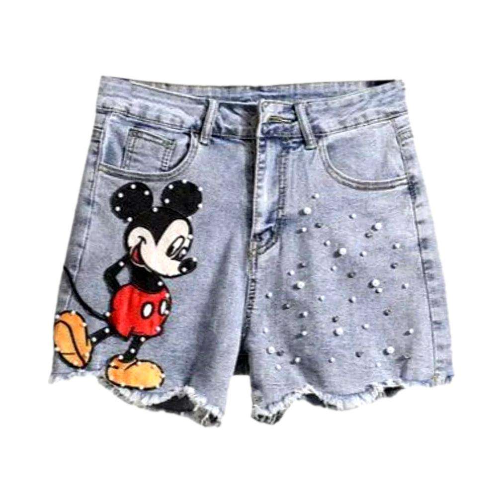 Jeansshorts mit Cartoon-Stickerei und Perlen