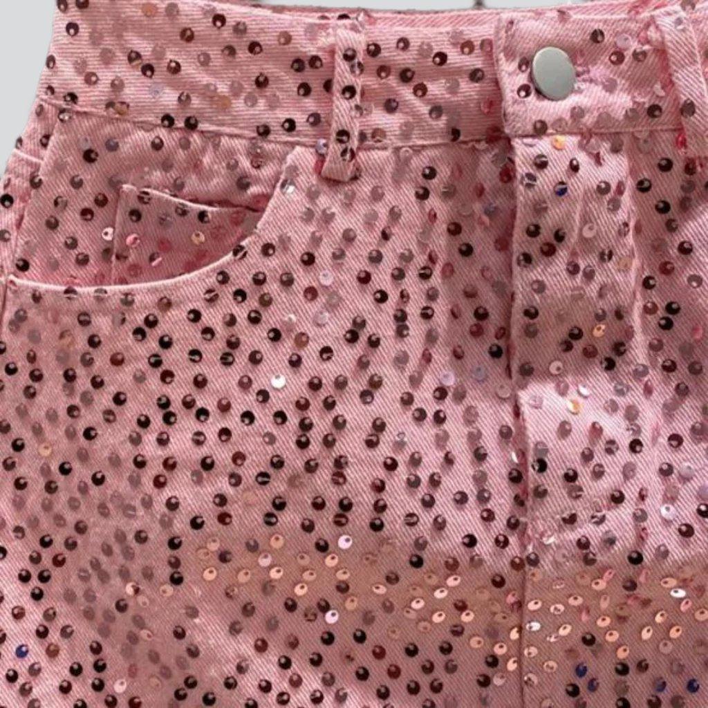 Rihnsotne embellished pink denim skirt