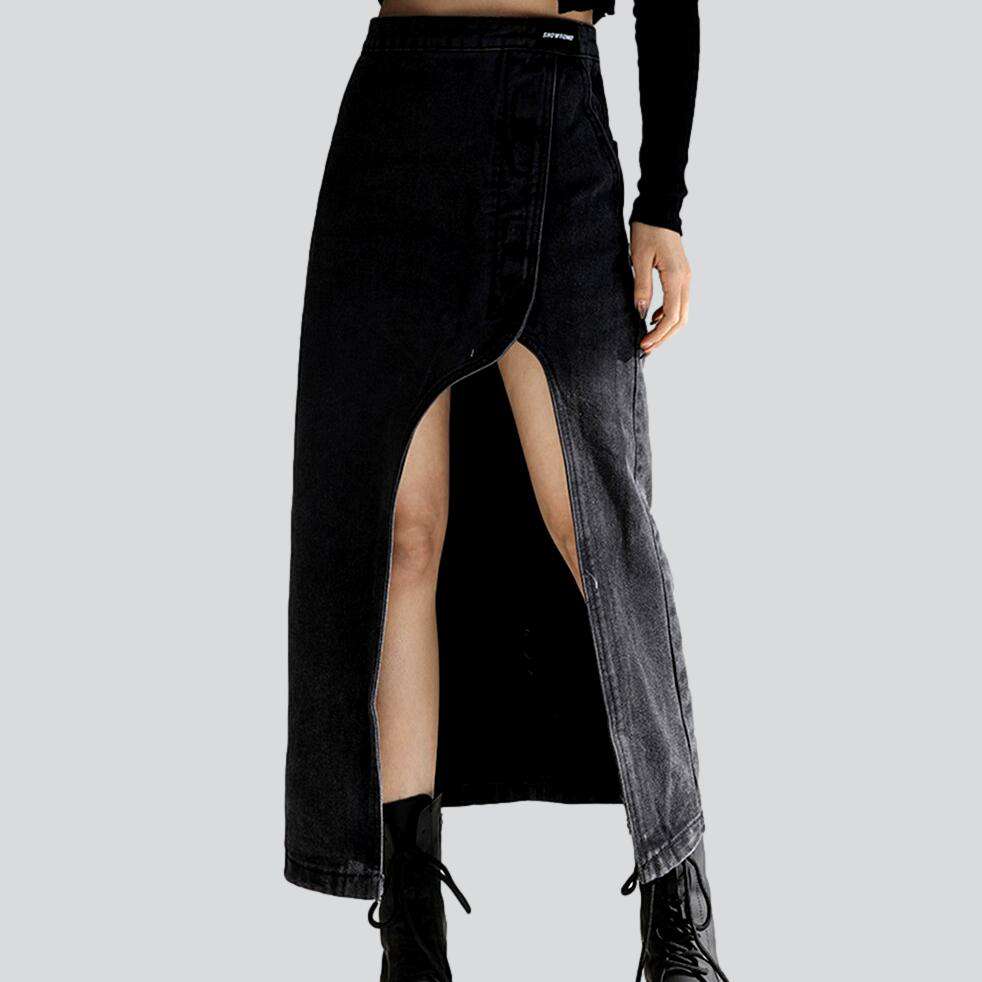 Big slit long denim skirt